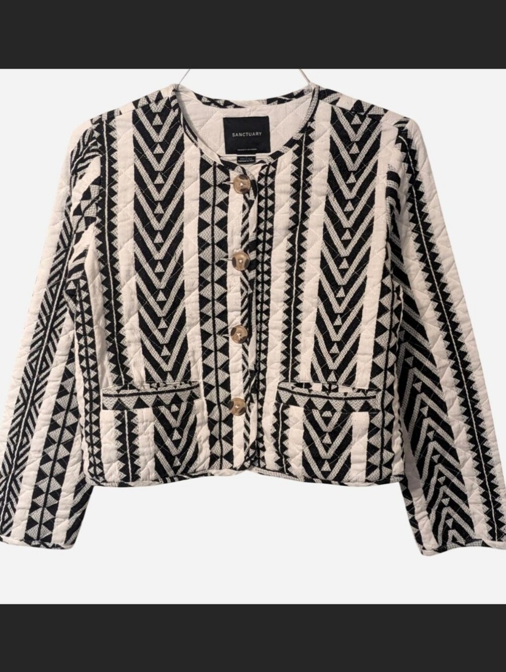Anthropologie Black & White Geometric Quilted Jacket Front Pockets, Size Small